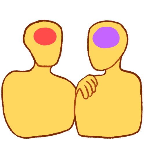  A drawing of two emoji yellow people depicted from the chest up. The one on the left has their hand on the other's shoulder. The person on the left has a red circle in their head, and the person on the right has a light purple circle on theirs